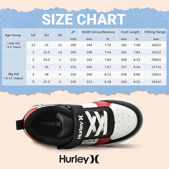 Hurley Kids Colorful Sneakers Size Chart Image