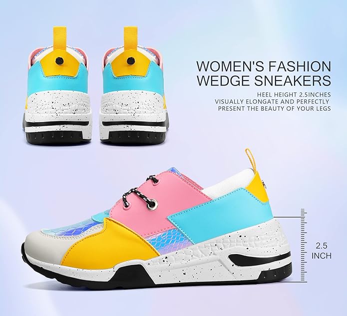 LUCKY STEP Women's High Heel Wedge Colorful Sneakers Backside View