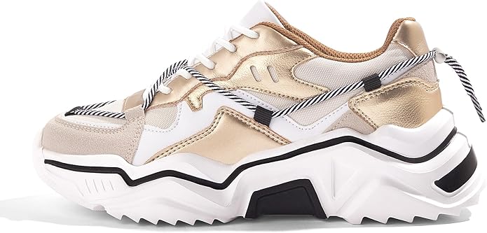 LUCKY STEP Women's Platform Colorful Fashion Sneakers in Gold-White