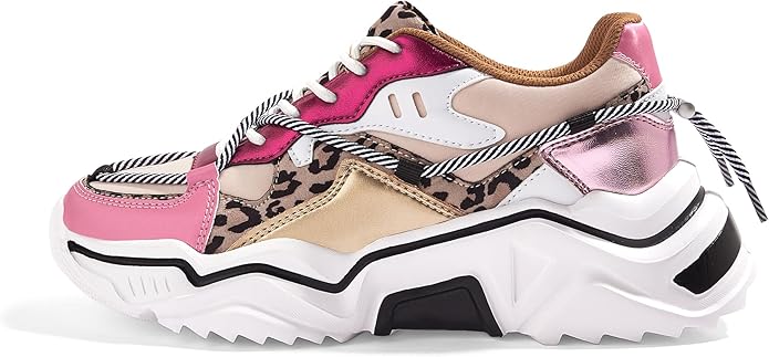 LUCKY STEP Women's Platform Colorful Fashion Sneakers in Leopard-Fushia