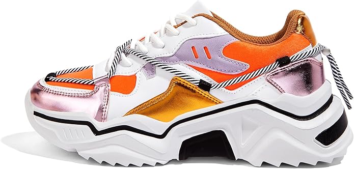 LUCKY STEP Women's Platform Colorful Fashion Sneakers in white-orange